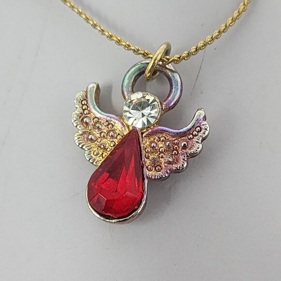 Gold Angel Pendant Necklace With Red Gemstone & Crystal Accents - Picture 2 of 4